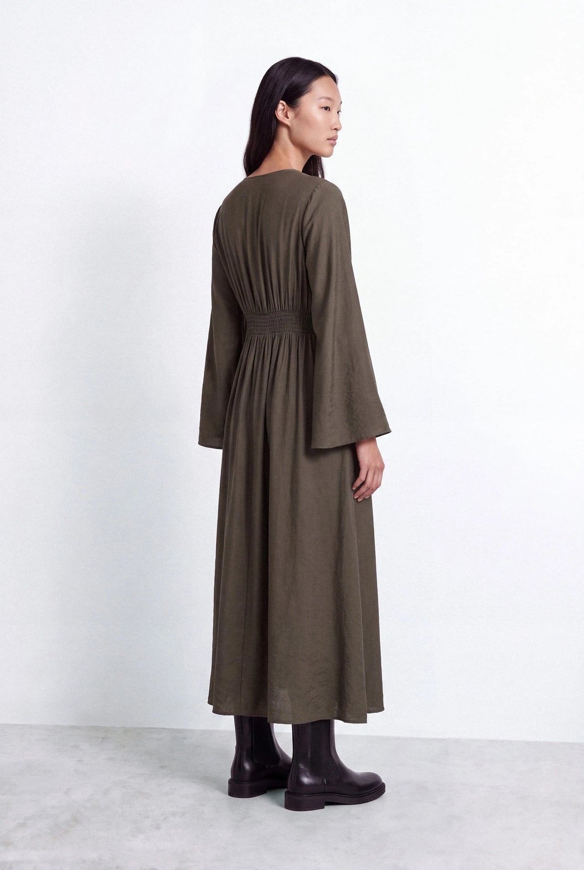 V-Neck Bell Sleeve Maxi Dress with Bow-Tie Belt