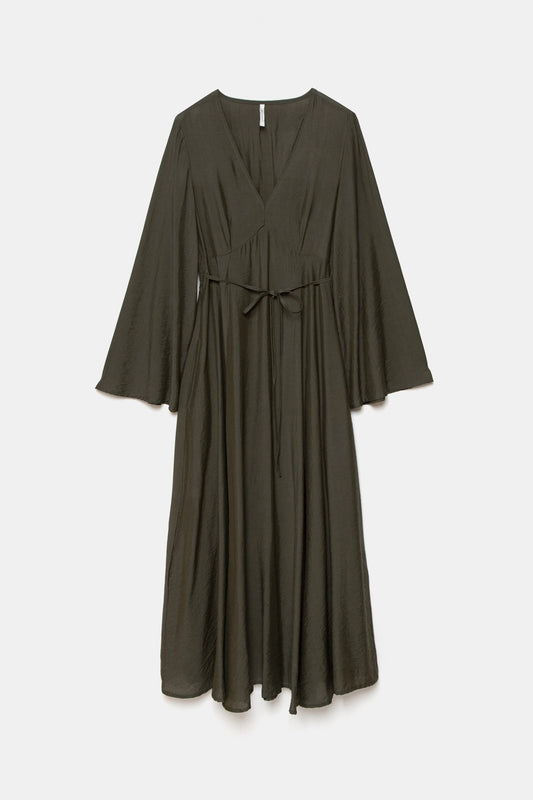 V-Neck Bell Sleeve Maxi Dress with Bow-Tie Belt