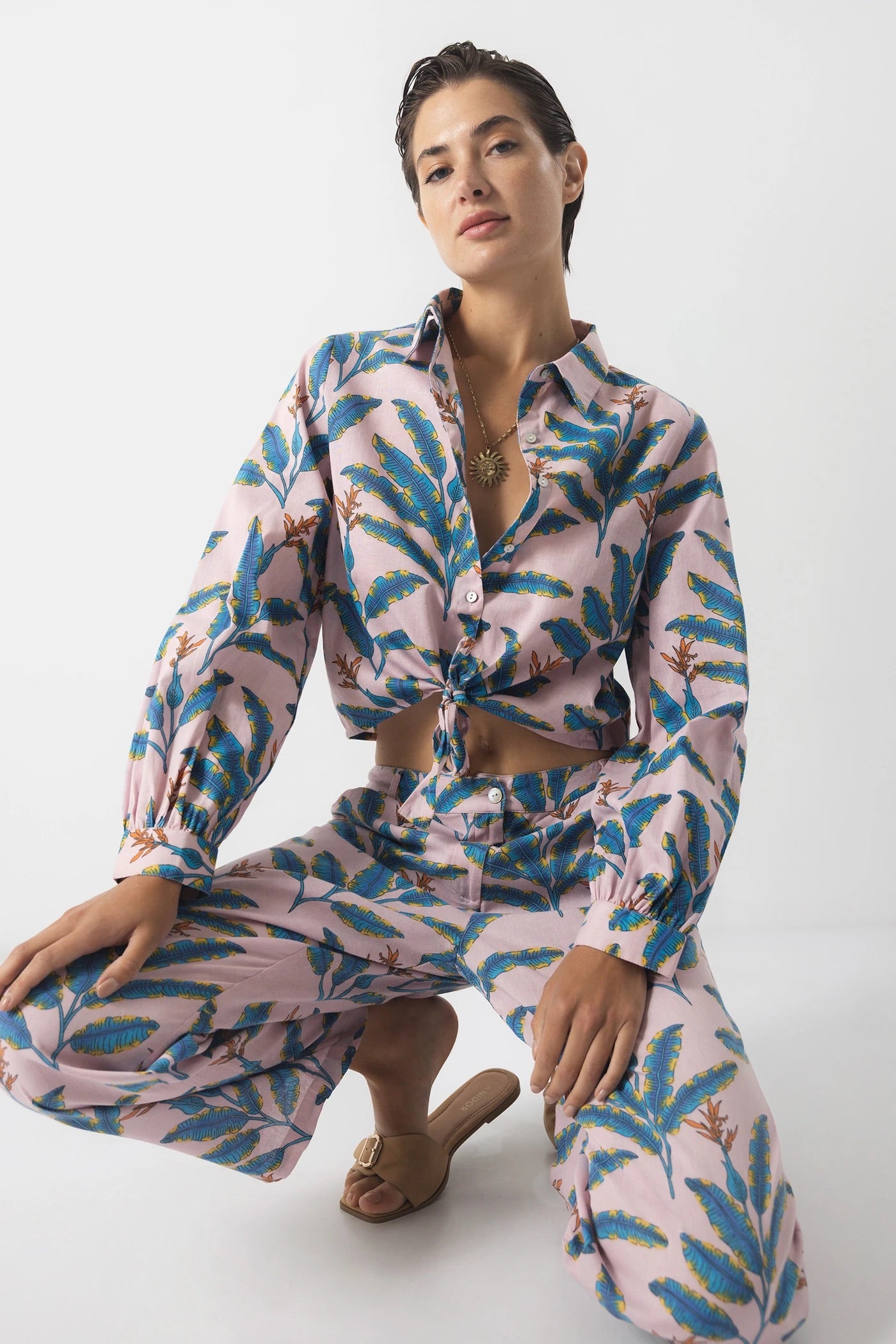 Tropical Print Linen-Cotton Shirt in Blush