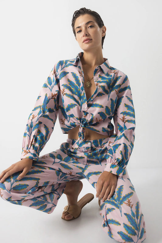 Tropical Print Linen-Cotton Shirt in Blush