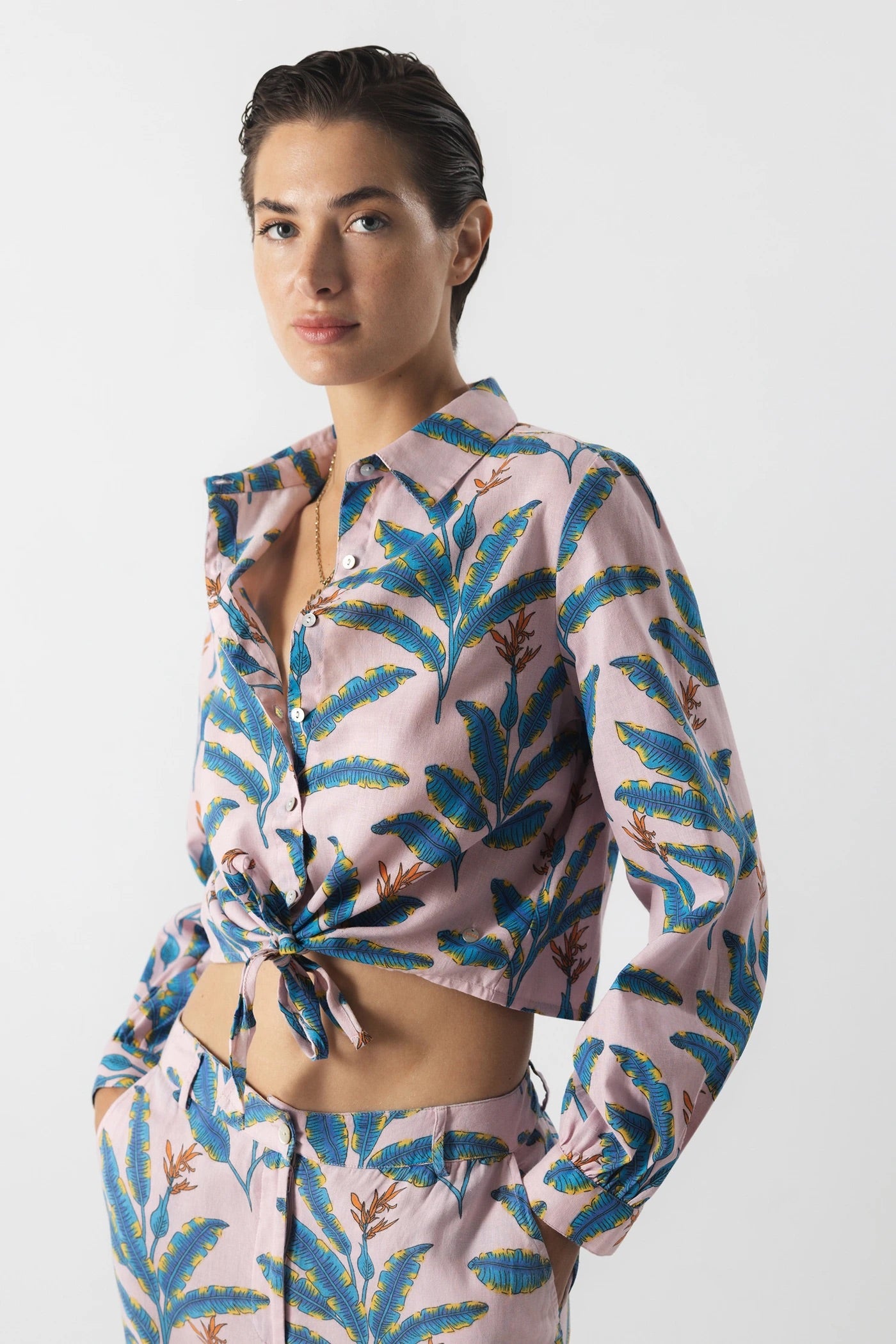 Tropical Print Linen-Cotton Shirt in Blush