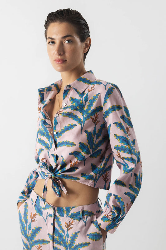 Tropical Print Linen-Cotton Shirt in Blush