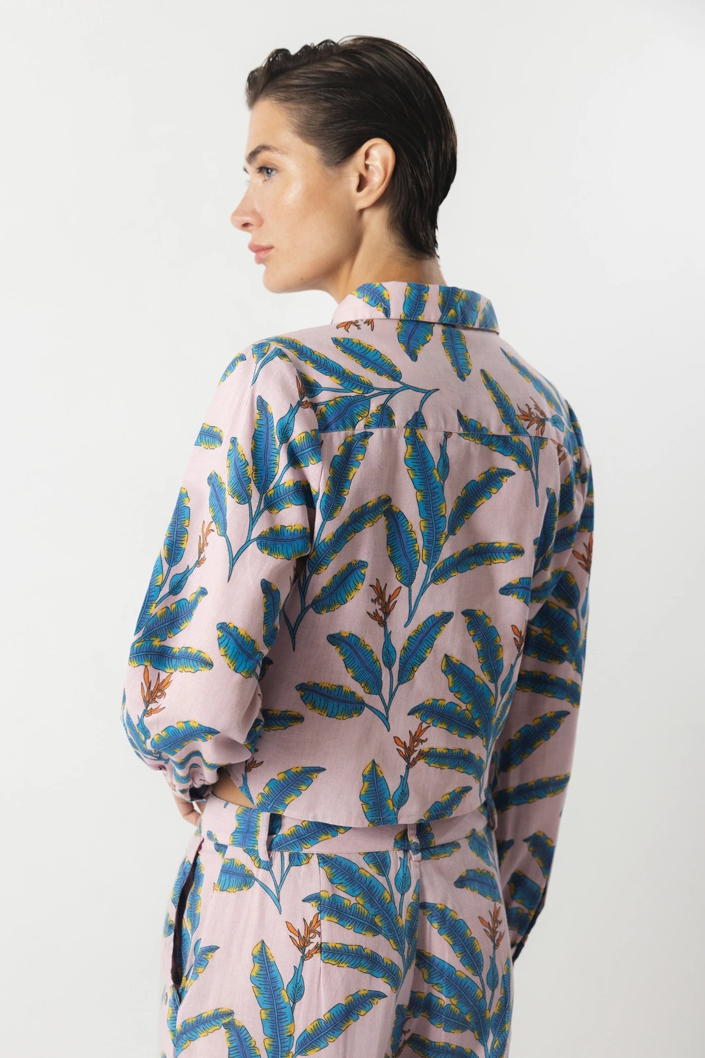 Tropical Print Linen-Cotton Shirt in Blush
