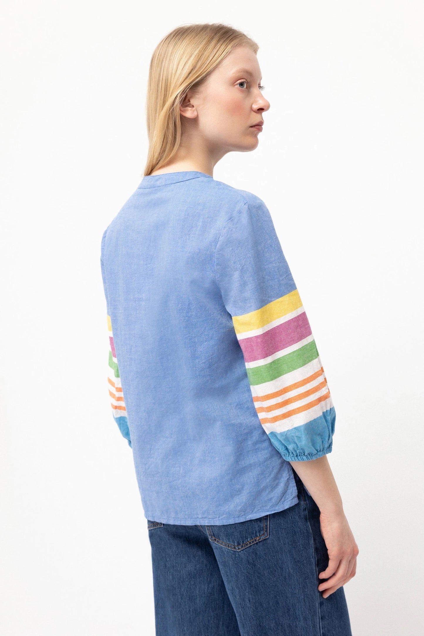 Rainbow Sleeve Cotton Blouse in Blue