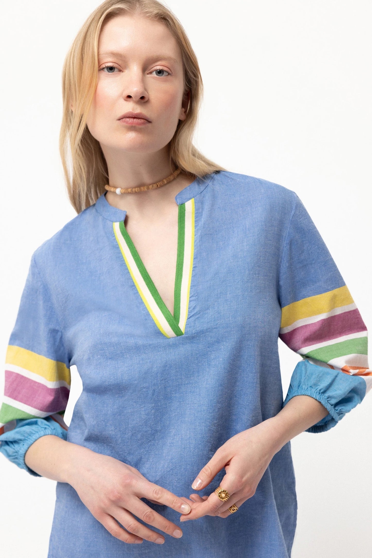 Rainbow Sleeve Cotton Blouse in Blue