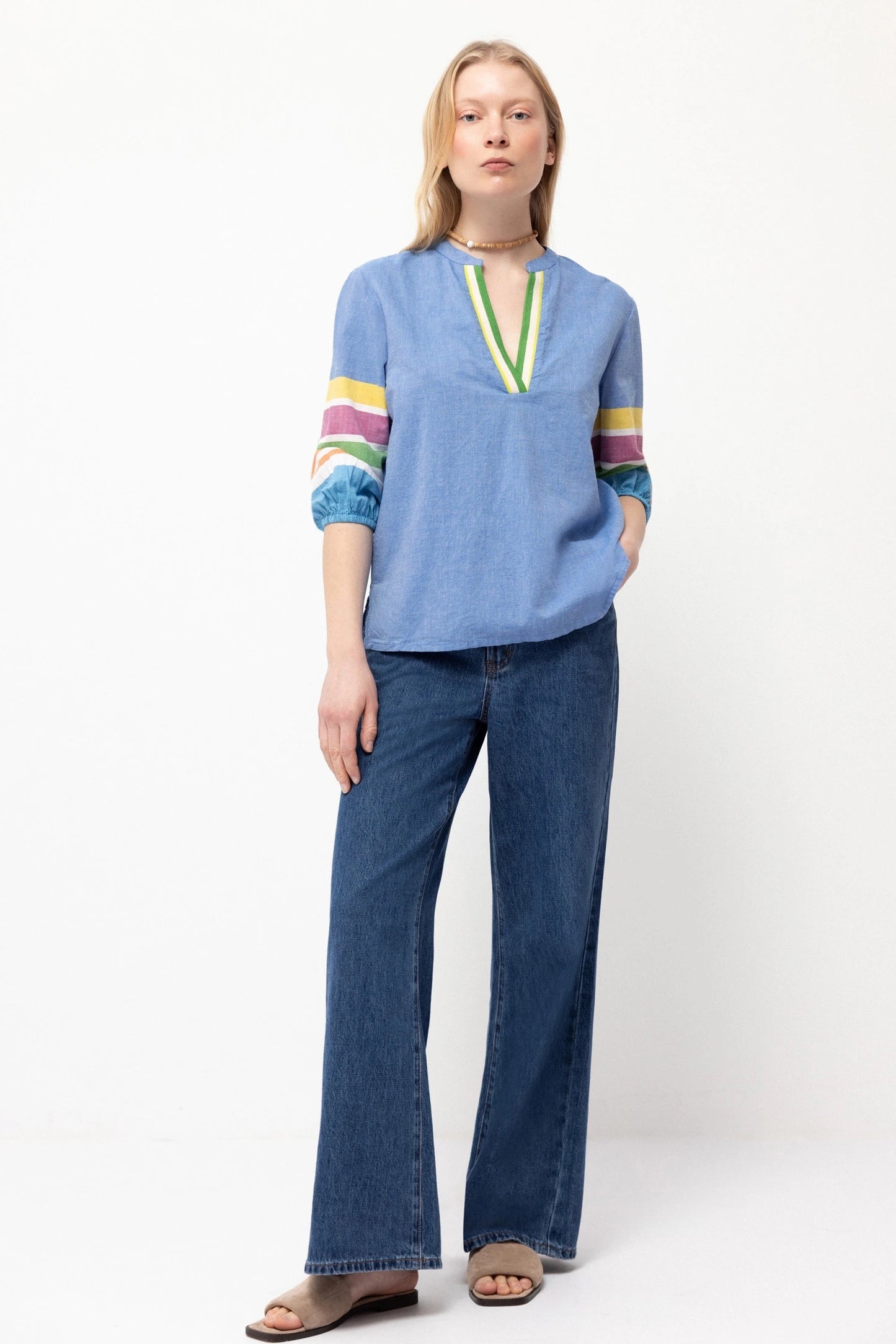 Rainbow Sleeve Cotton Blouse in Blue