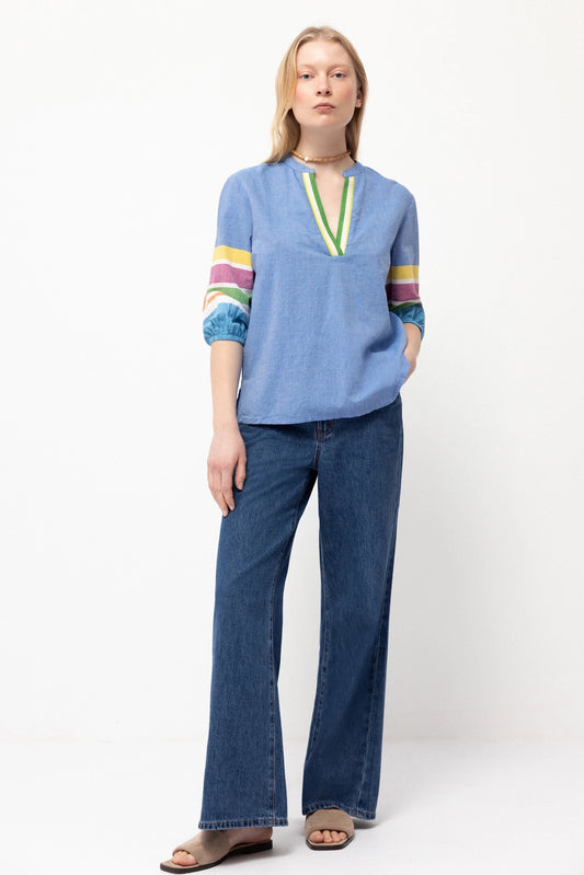 Rainbow Sleeve Cotton Blouse in Blue