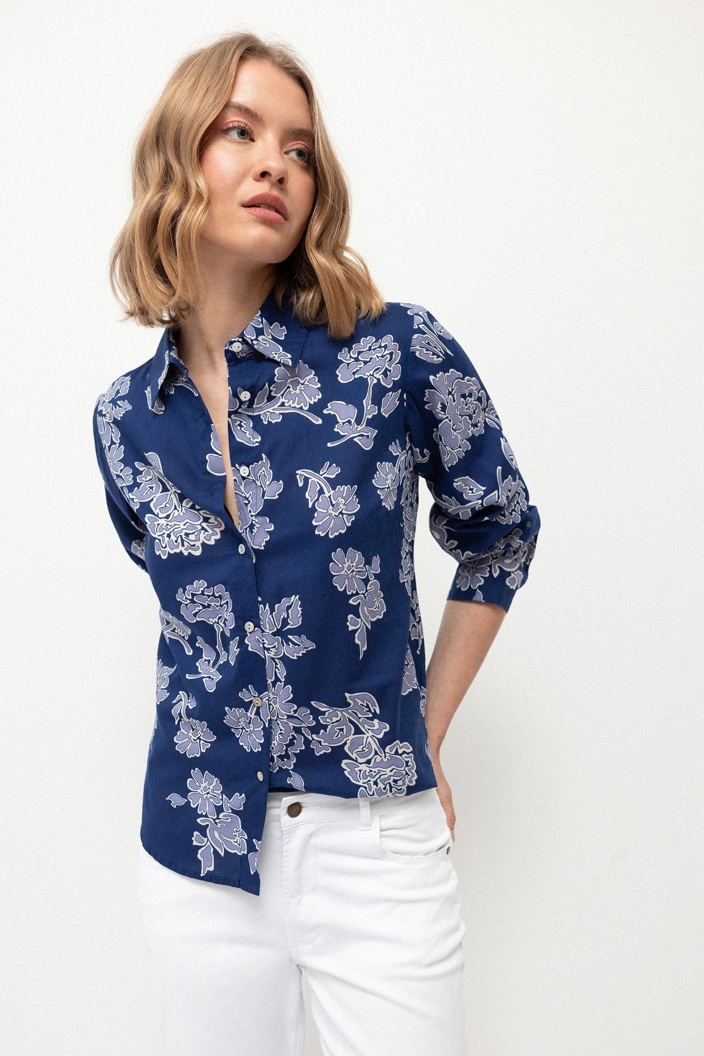 Floral Lilac Print Cotton Shirt in Blue