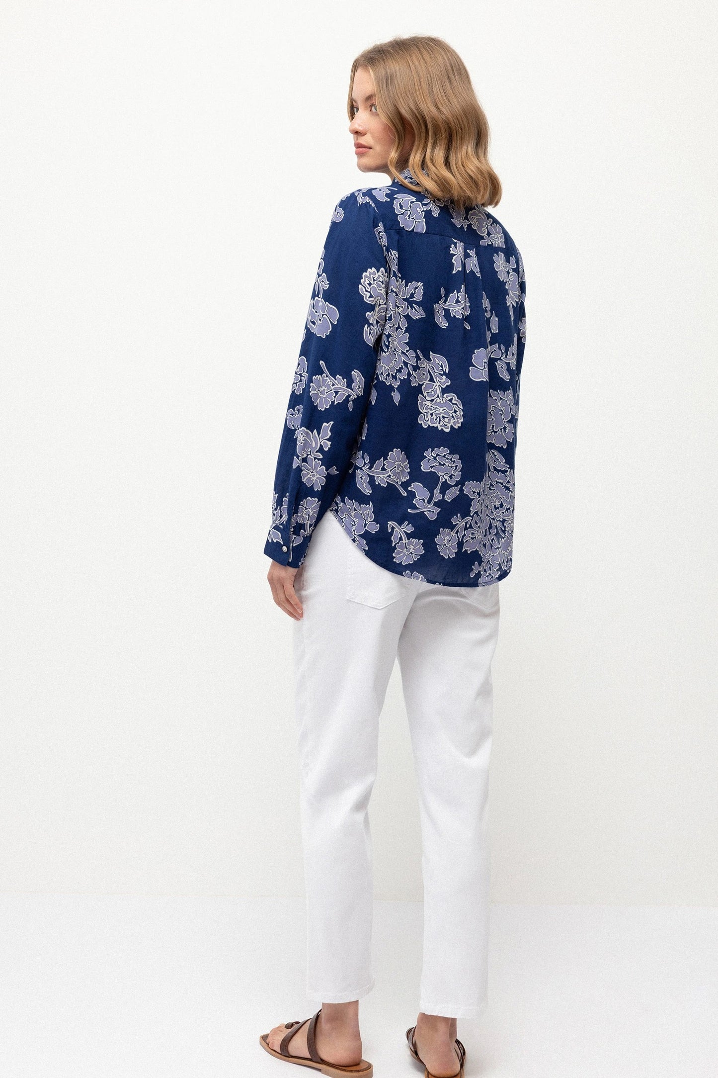 Floral Lilac Print Cotton Shirt in Blue
