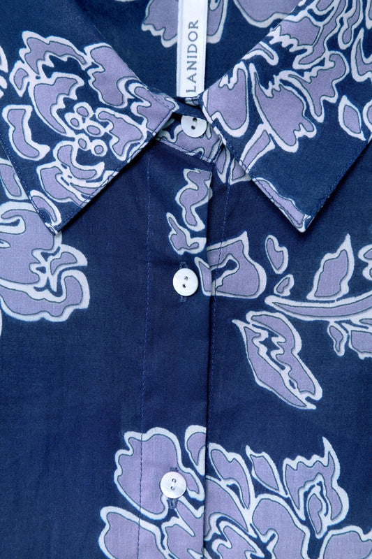 Floral Lilac Print Cotton Shirt in Blue