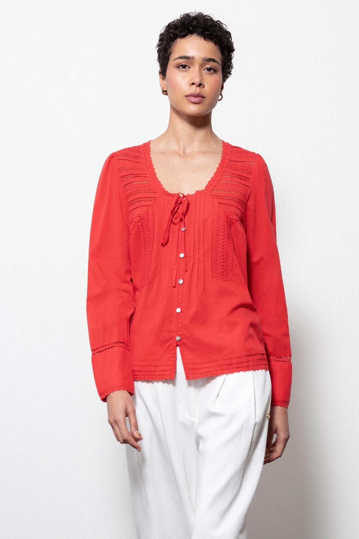 Pointelle Cotton Blouse in Red
