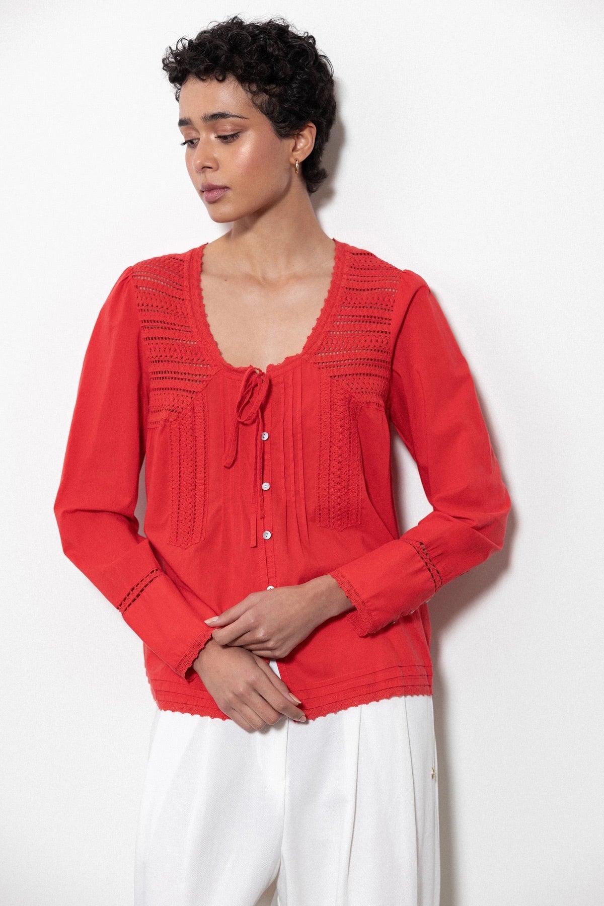 Pointelle Cotton Blouse in Red