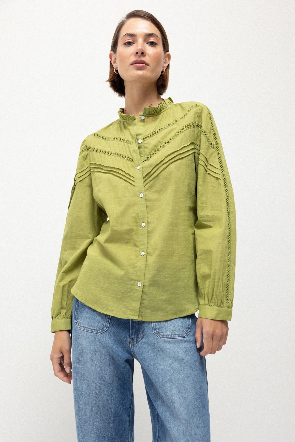 Pointelle Ruffle-Neck Cotton Blouse in Pea Green