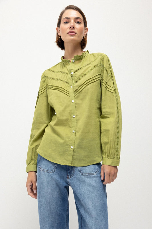 Pointelle Ruffle-Neck Cotton Blouse in Pea Green