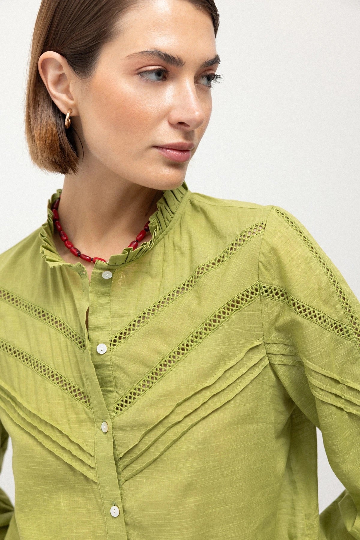 Pointelle Ruffle-Neck Cotton Blouse in Pea Green