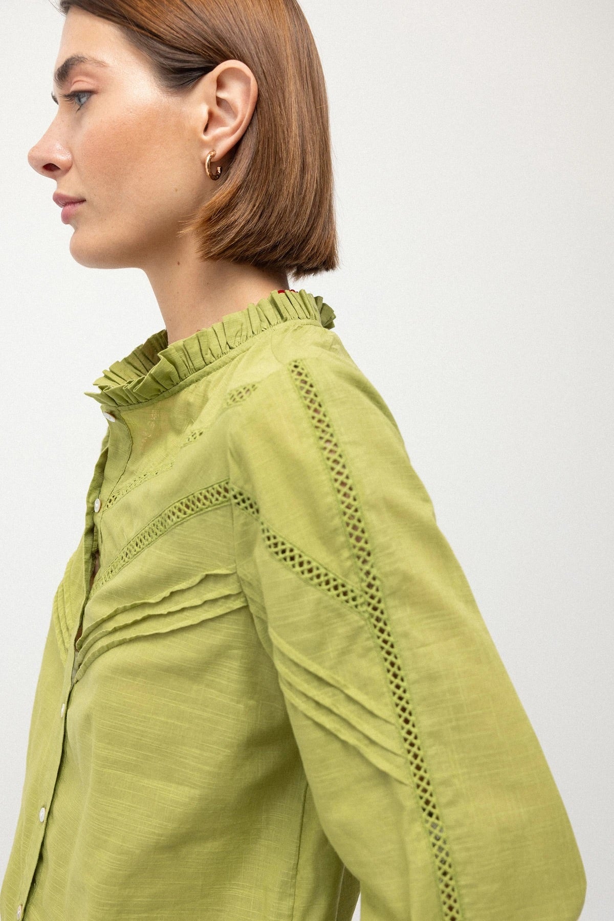 Pointelle Ruffle-Neck Cotton Blouse in Pea Green