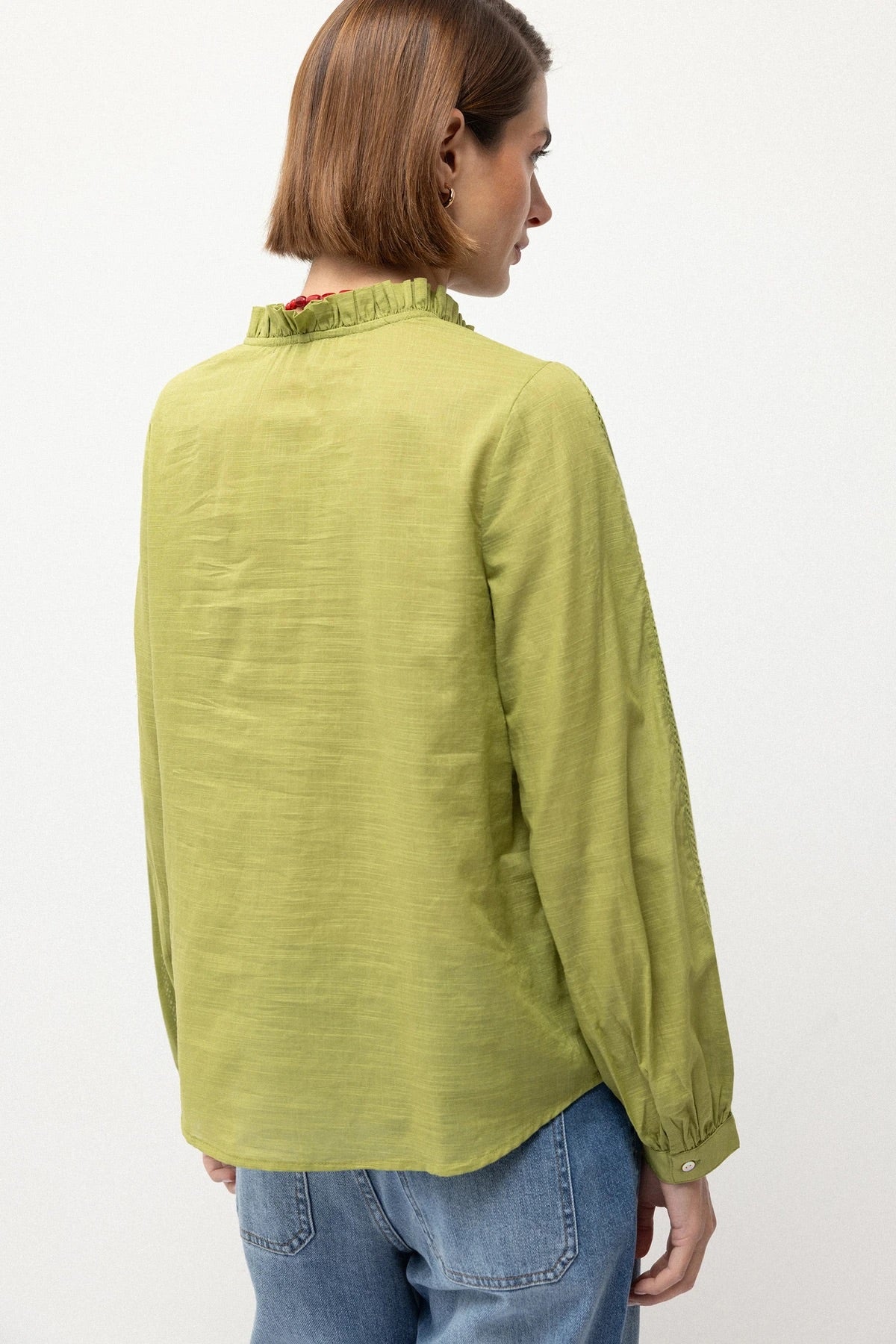 Pointelle Ruffle-Neck Cotton Blouse in Pea Green