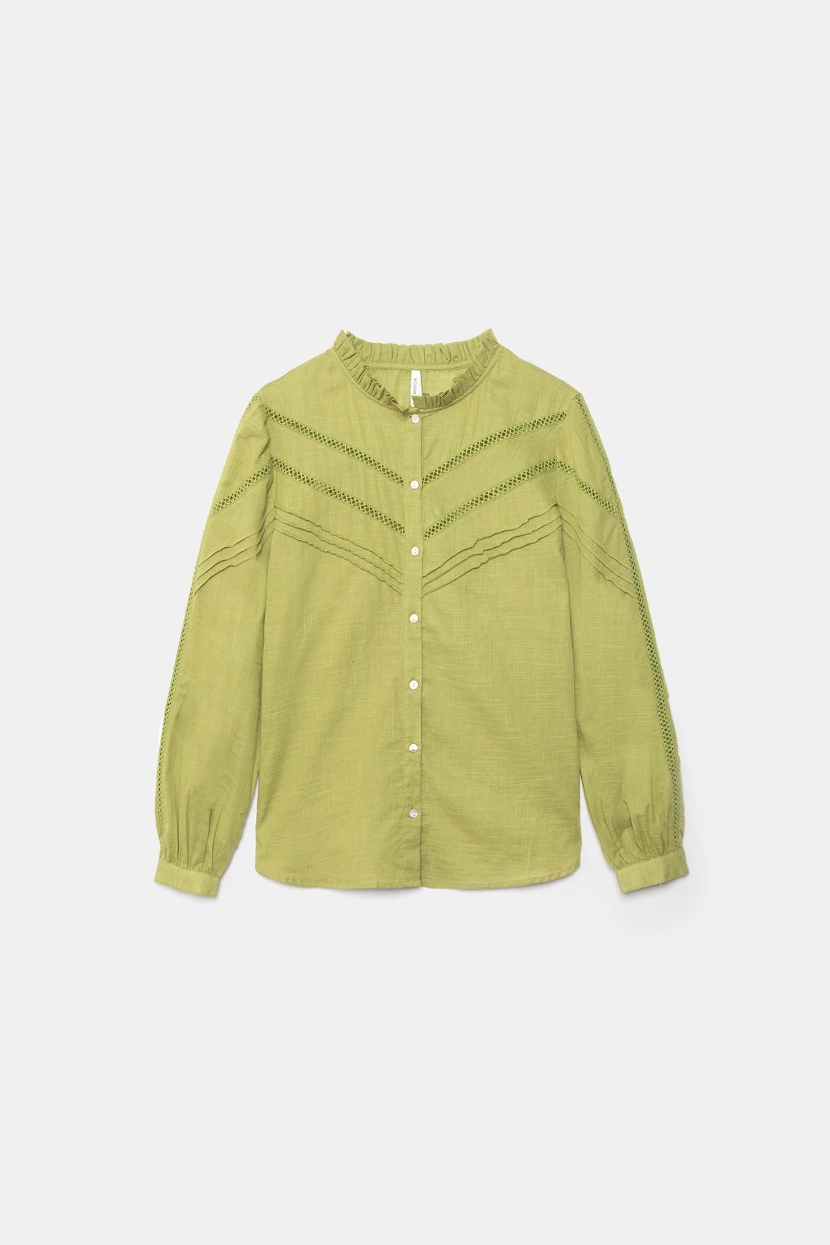Pointelle Ruffle-Neck Cotton Blouse in Pea Green