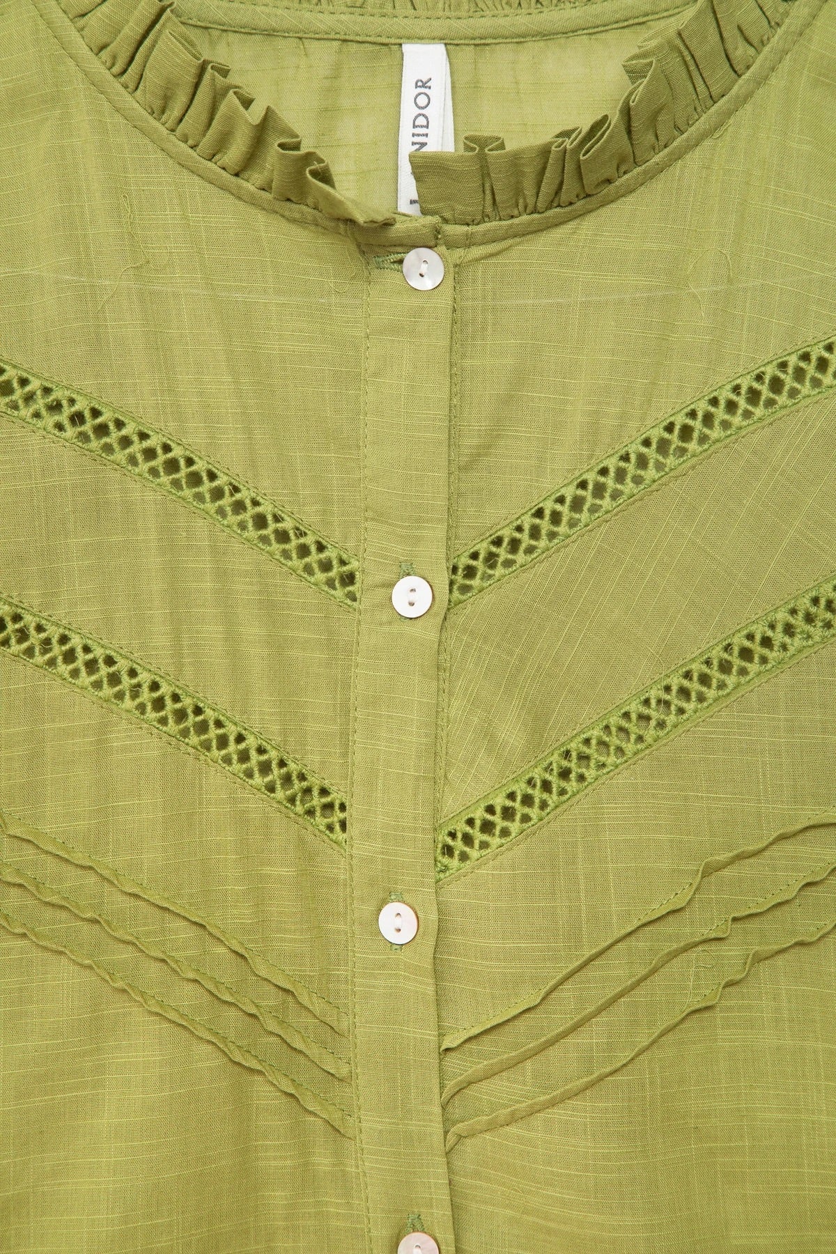 Pointelle Ruffle-Neck Cotton Blouse in Pea Green