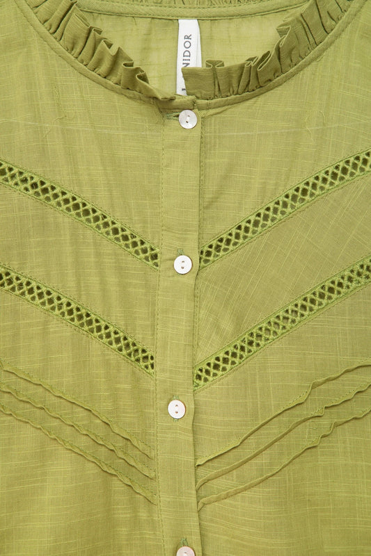 Pointelle Ruffle-Neck Cotton Blouse in Pea Green