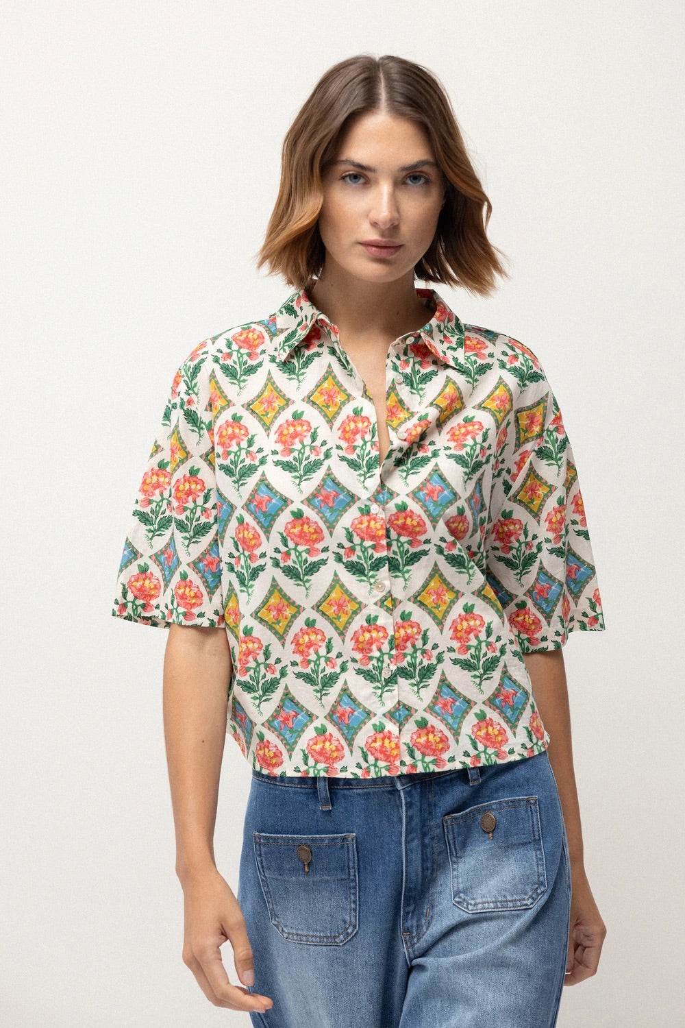 Tile Floral Print Cotton Shirt in Cream