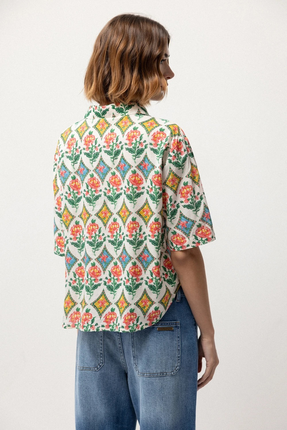 Tile Floral Print Cotton Shirt in Cream
