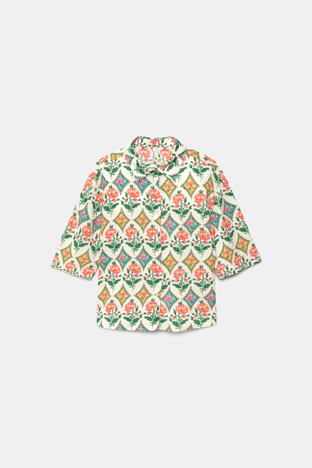 Tile Floral Print Cotton Shirt in Cream