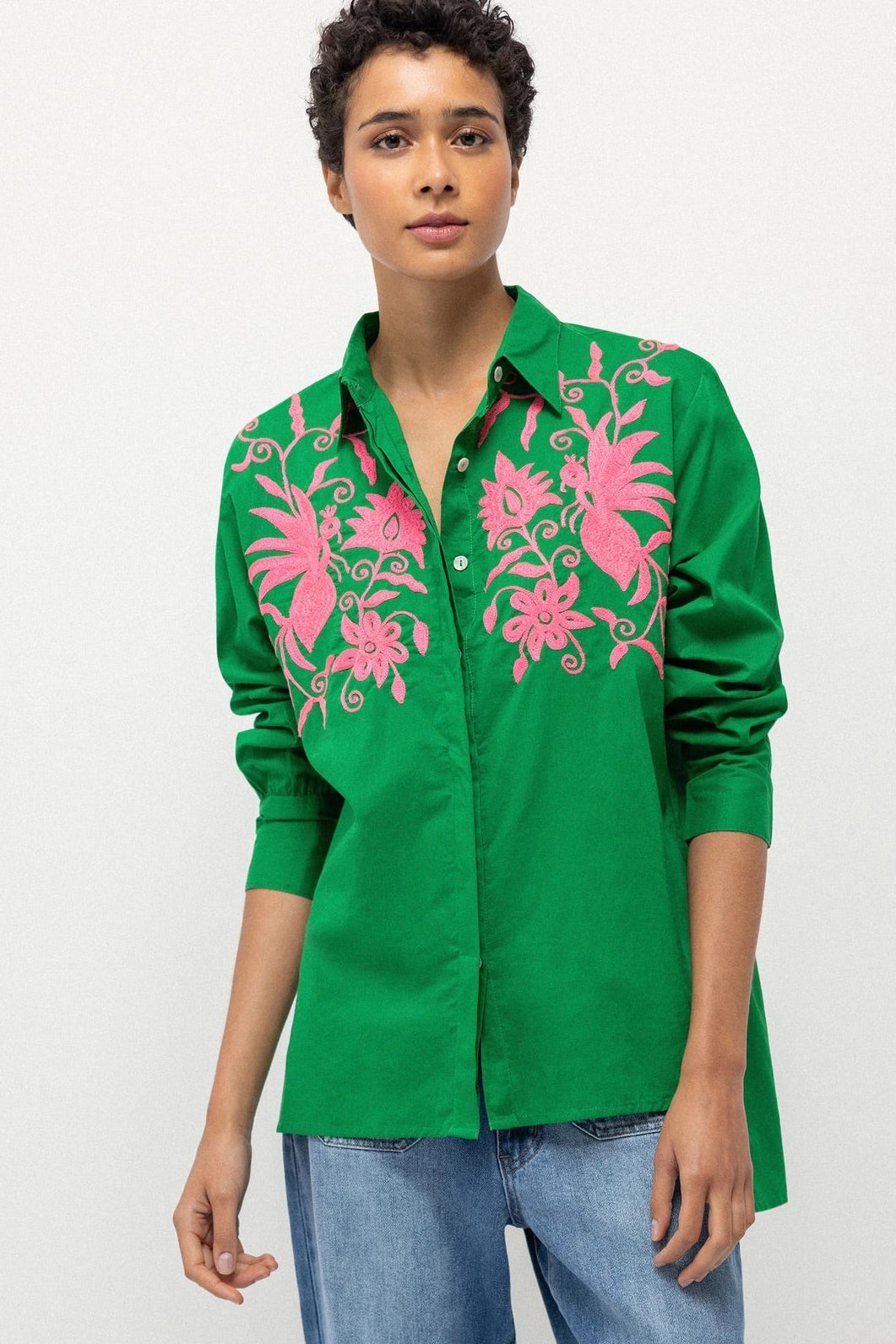 Floral Embroidered Cotton Shirt in Green