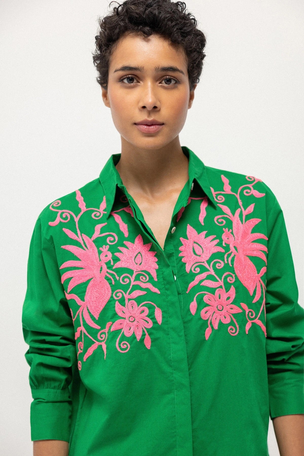 Floral Embroidered Cotton Shirt in Green