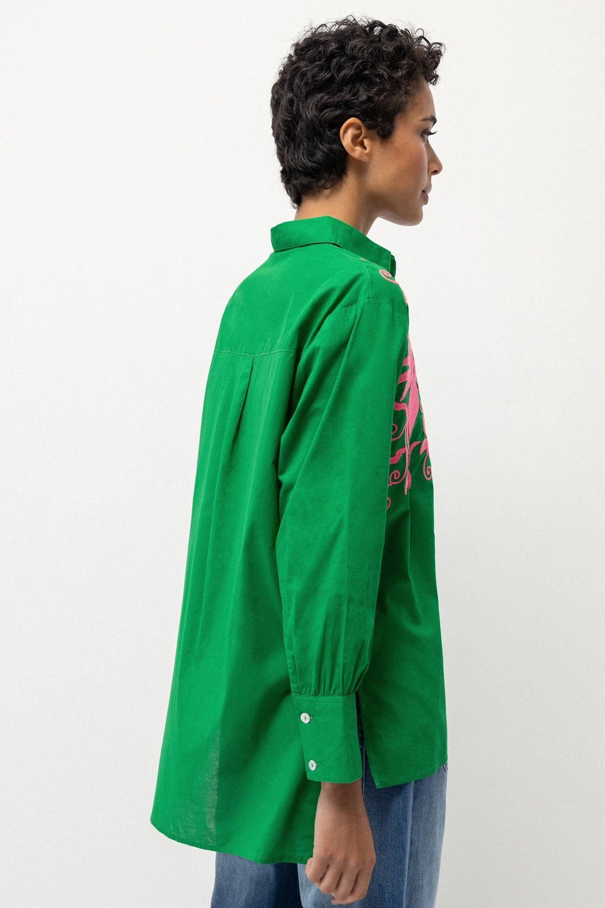 Floral Embroidered Cotton Shirt in Green