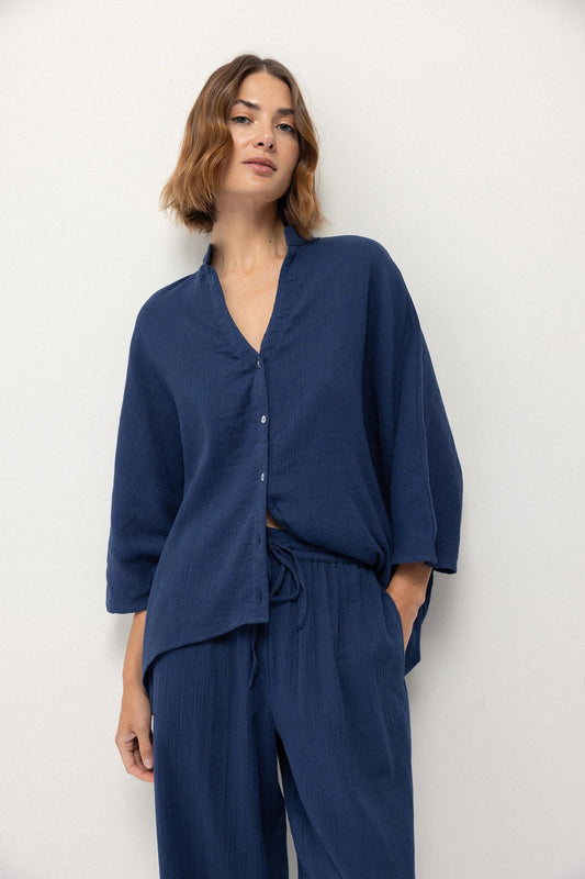 Navy Asymmetric Cotton Blouse
