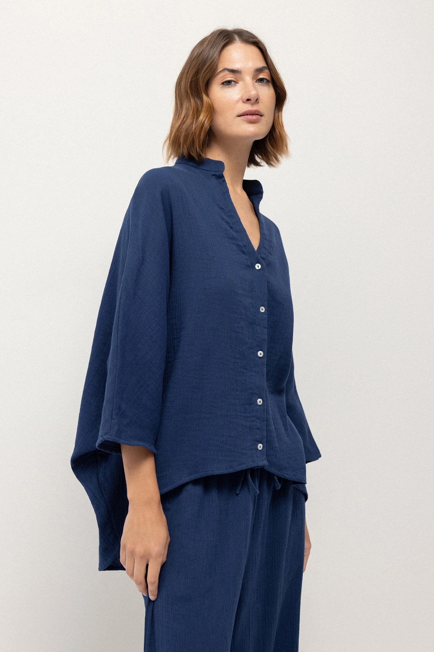 Navy Asymmetric Cotton Blouse