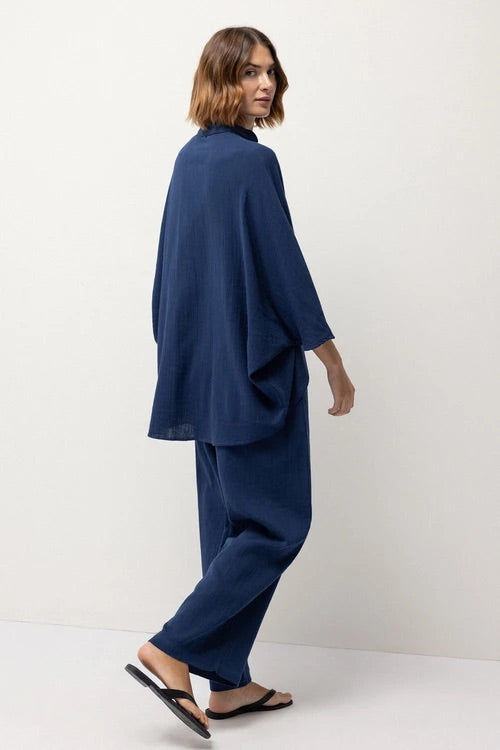 Navy Asymmetric Cotton Blouse