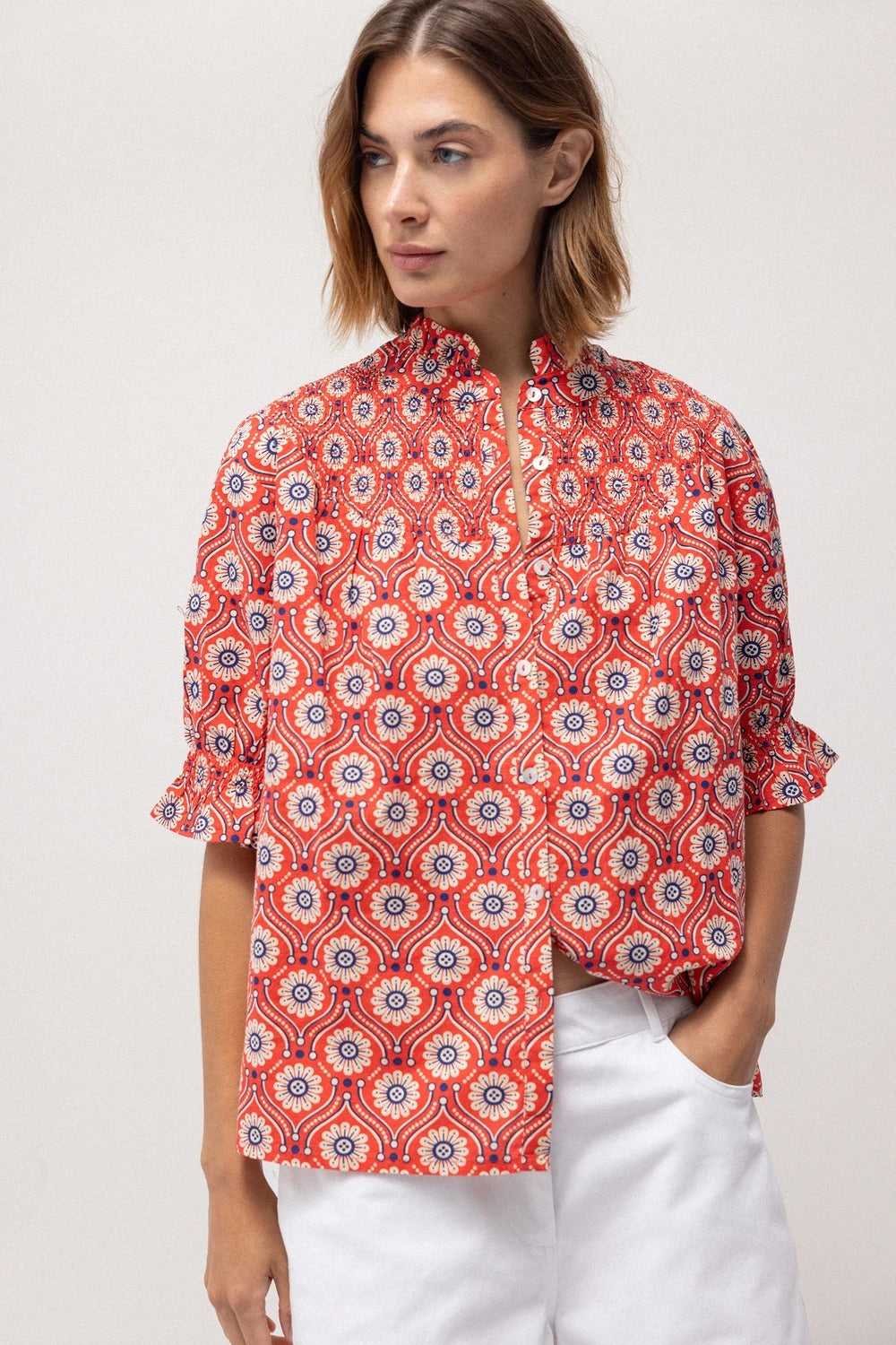 Medallion Print Cotton Blouse in Red