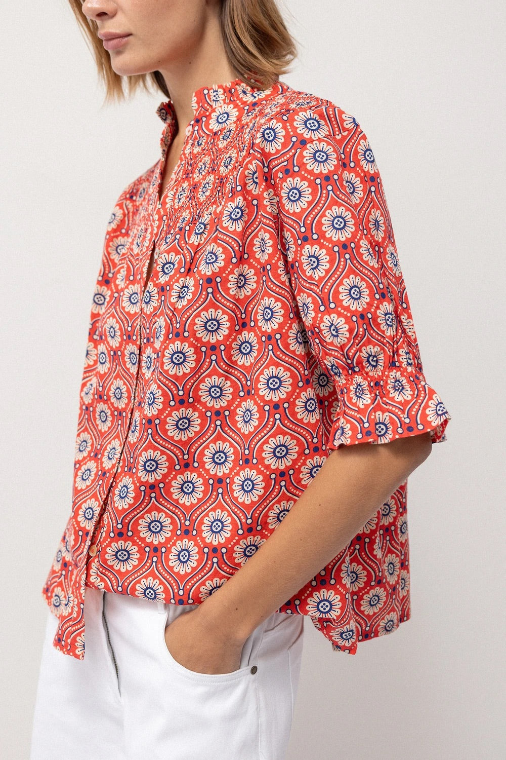 Medallion Print Cotton Blouse in Red