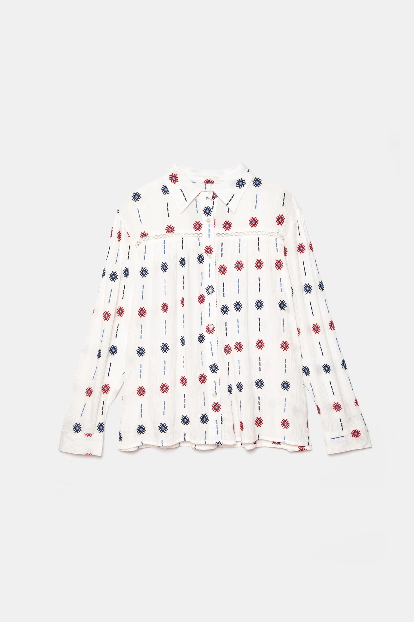 Geometric Embroidered Oxford Shirt in White