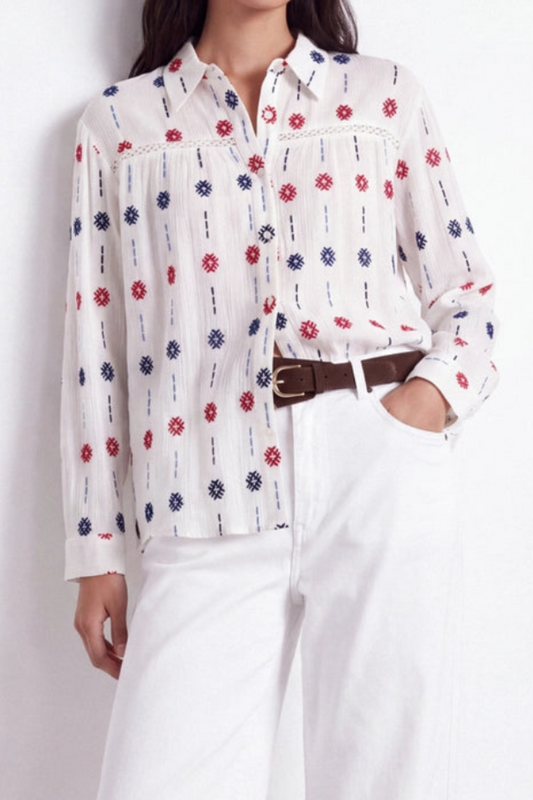 Geometric Embroidered Oxford Shirt in White