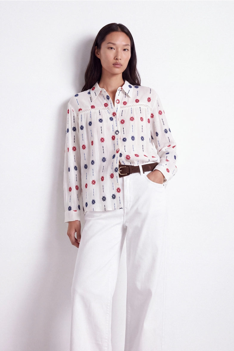 Geometric Embroidered Oxford Shirt in White