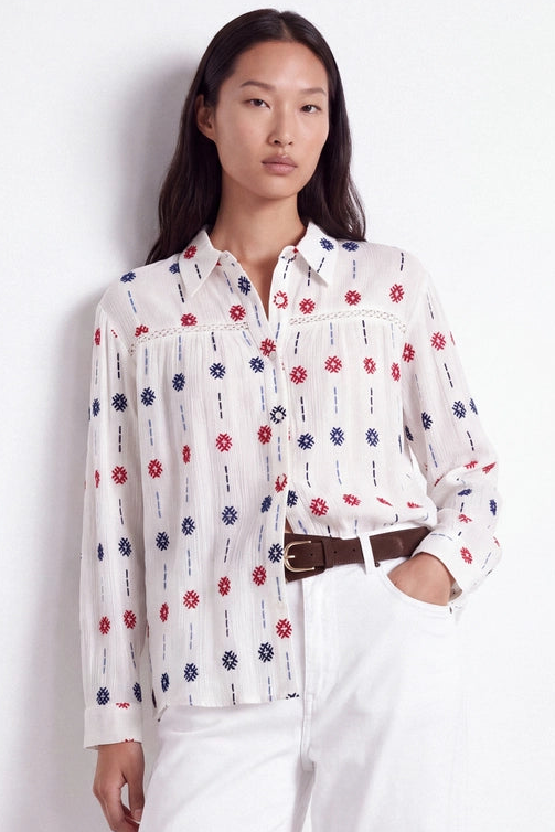 Geometric Embroidered Oxford Shirt in White