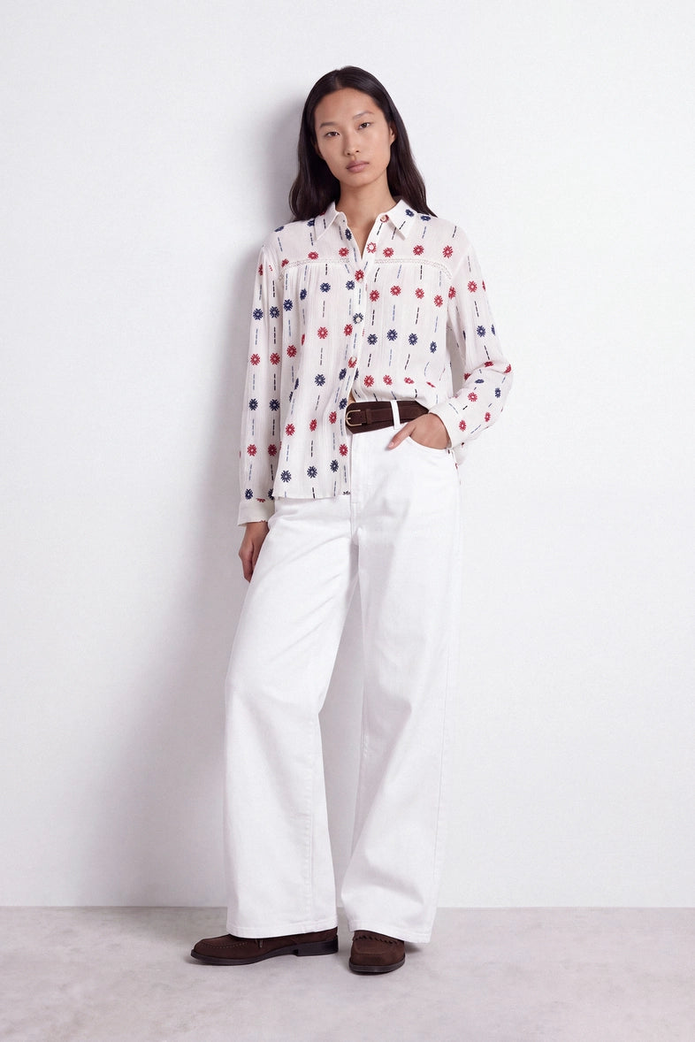 Geometric Embroidered Oxford Shirt in White