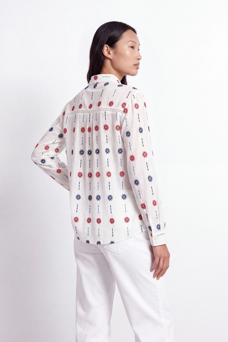 Geometric Embroidered Oxford Shirt in White