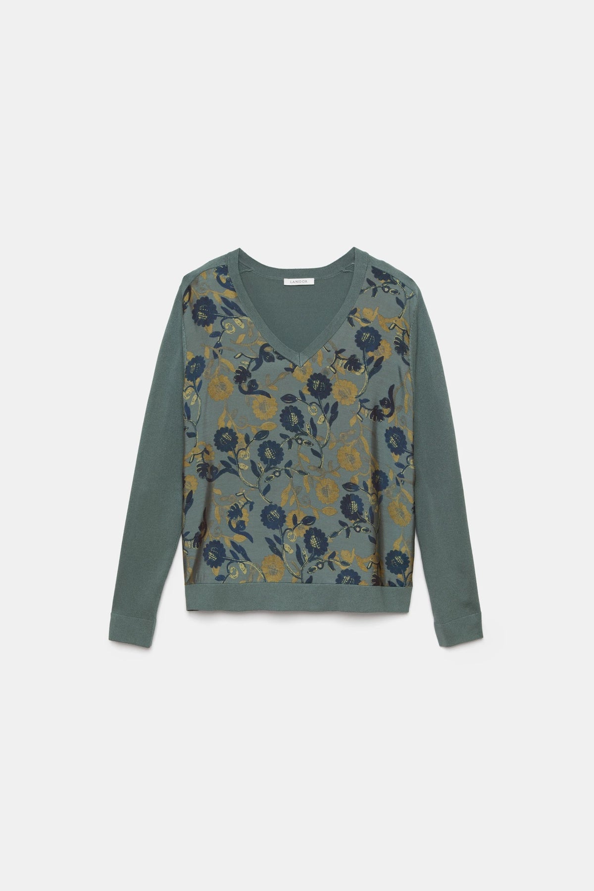 V-Neck Floral Print Front Knit Sweater