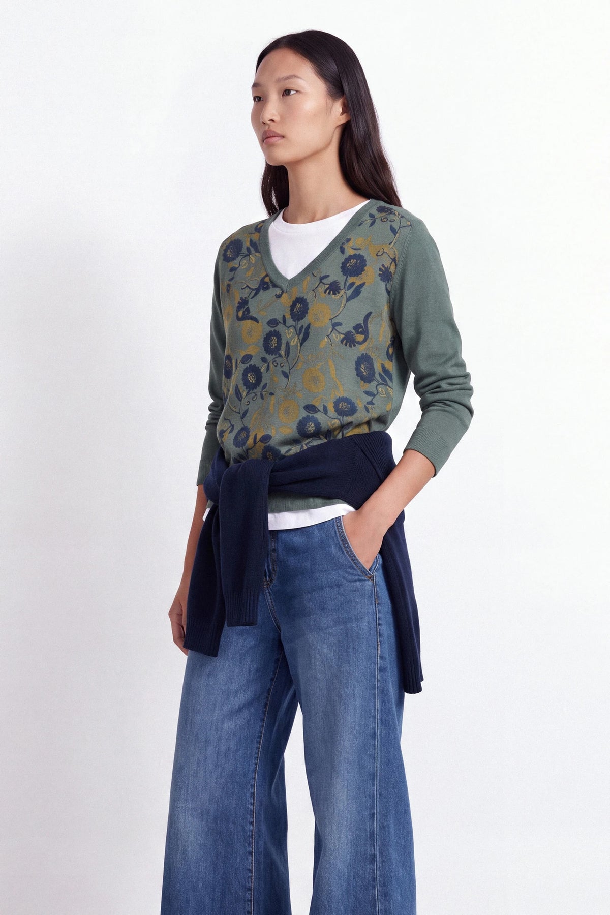 V-Neck Floral Print Front Knit Sweater