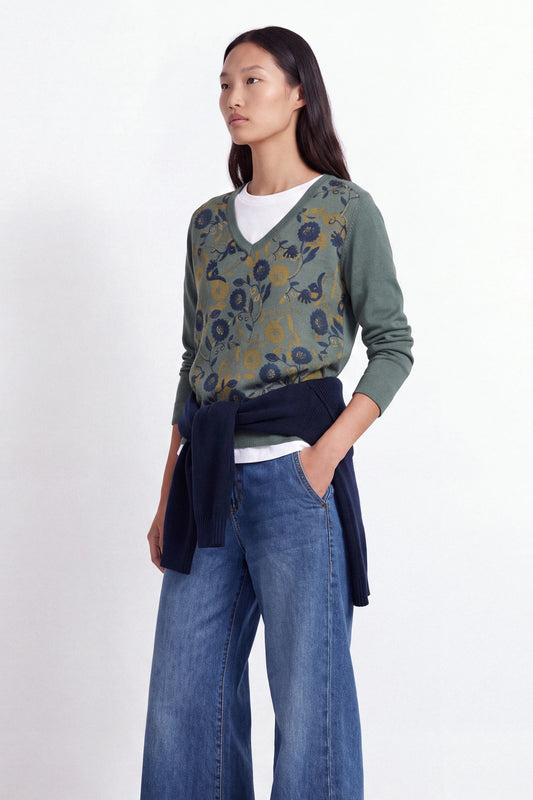 V-Neck Floral Print Front Knit Sweater