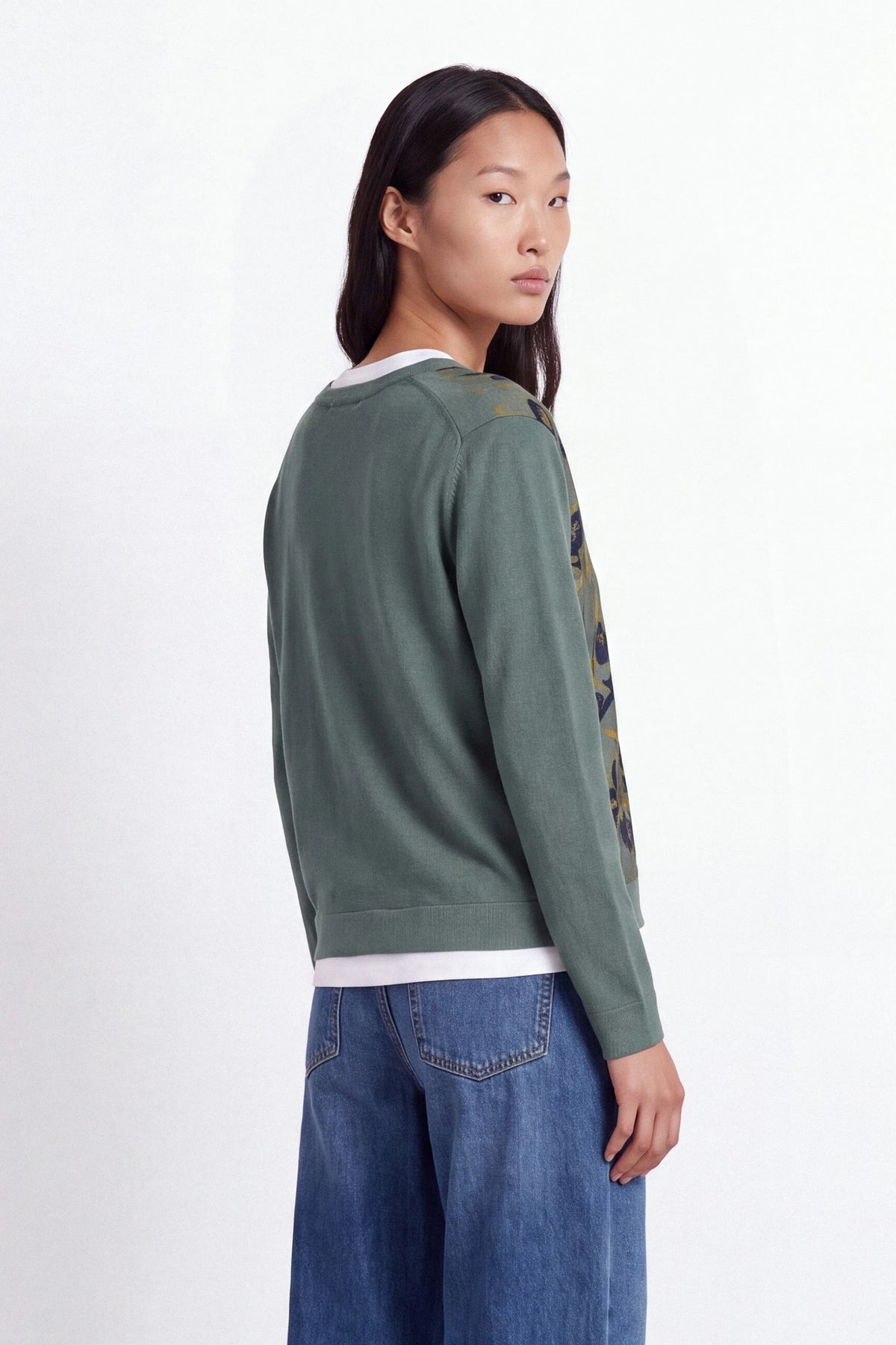 V-Neck Floral Print Front Knit Sweater