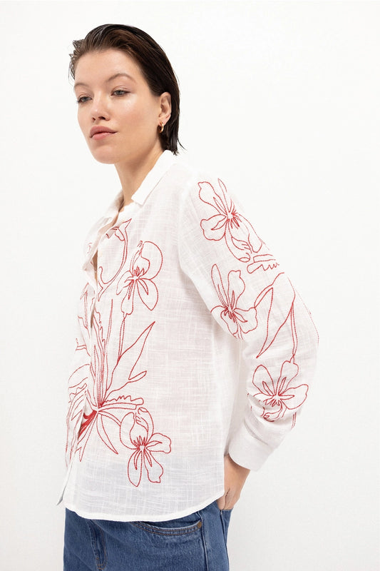 Embroidered Floral Cotton White Shirt