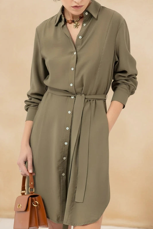Plain Shirt-Style Midi Dress in Green