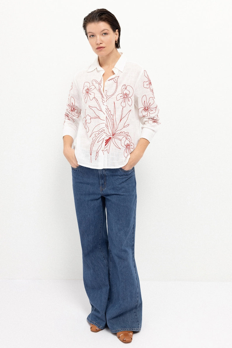 Embroidered Floral Cotton White Shirt