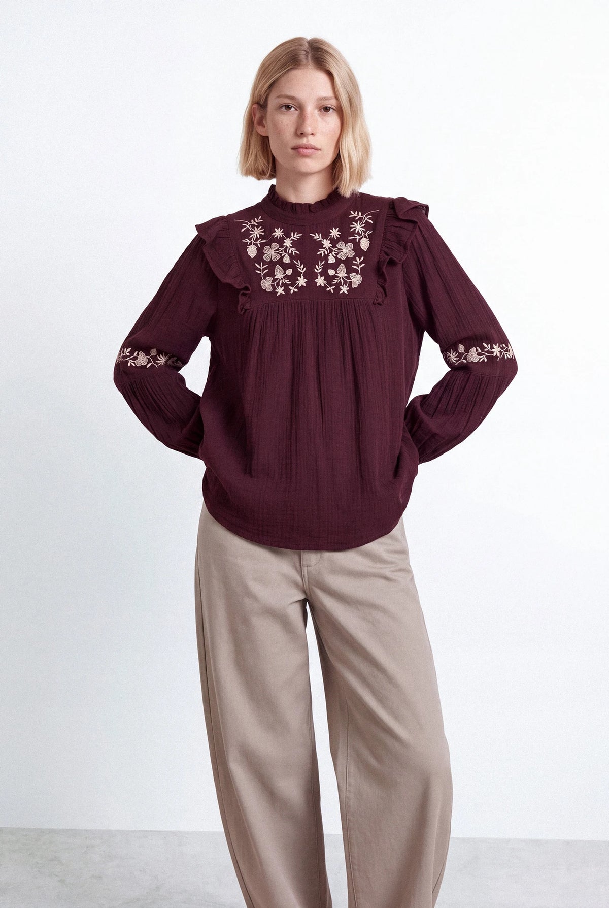 Floral Embroidered Cotton Ruffle Blouse in Bordeaux