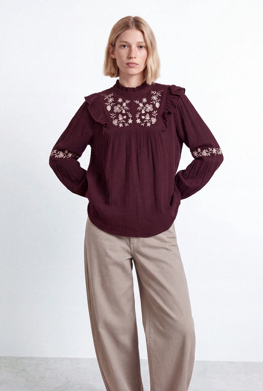 Floral Embroidered Cotton Ruffle Blouse in Bordeaux